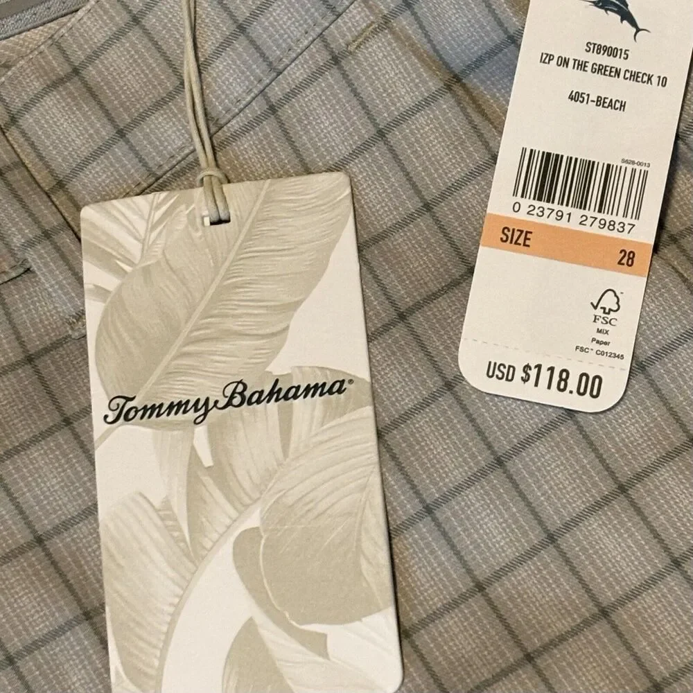 Tommy Bahama Golf IslandZone Plaid Shorts Tan Flat Front Stretch 28 NEW